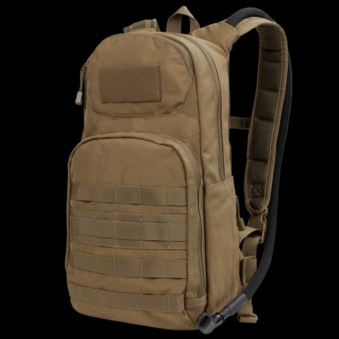 The Condor Fuel Hydration Backpack 18L in Coyote Brown features multiple zippered compartments, front MOLLE webbing, padded shoulder straps, and is compatible with the Condor 3L Torrent Hydration Bladder.